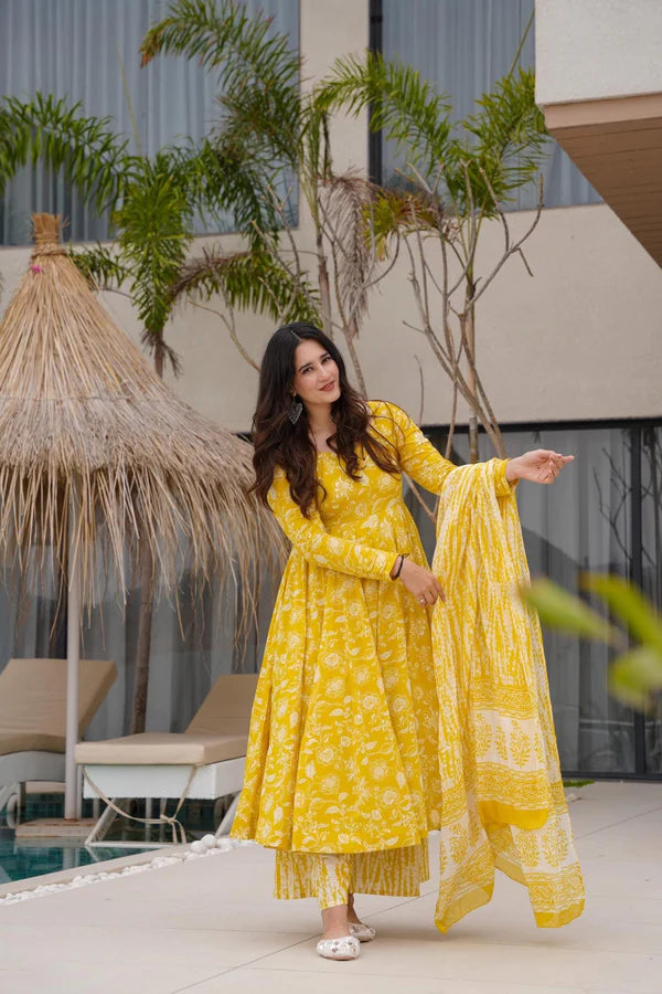 Yellow Cotton Anarkali Set