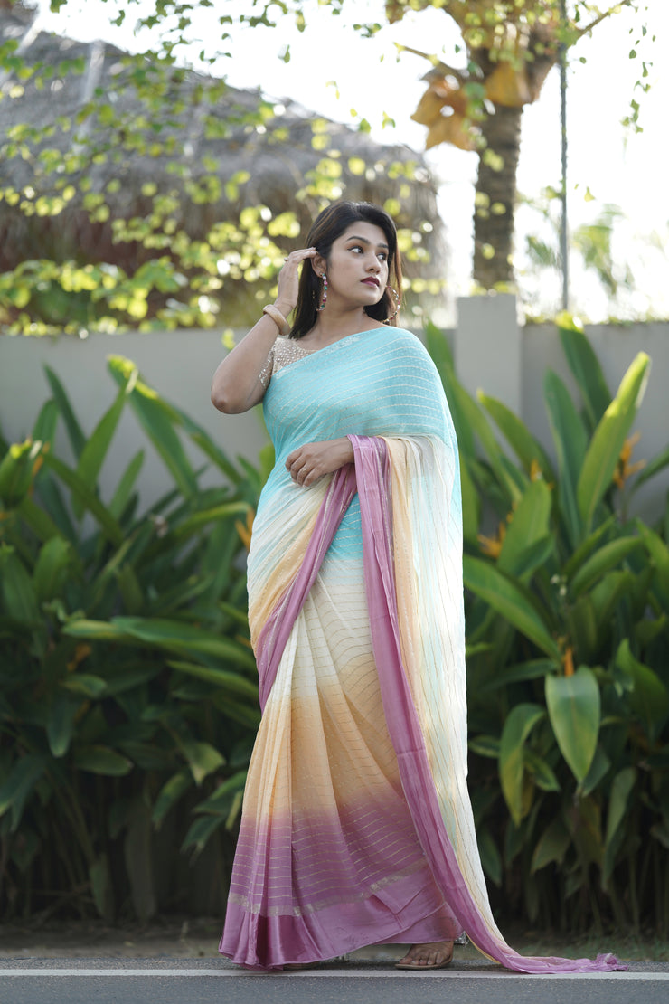 Multi Coloured Georgette Saree With Silver Jari Sequence