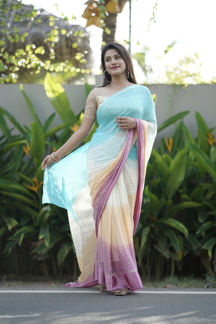 Multi Coloured Georgette Saree With Silver Jari Sequence