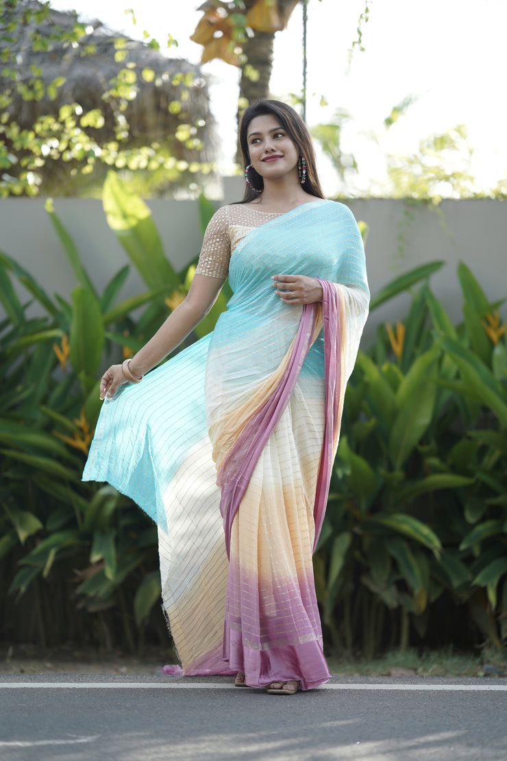 Multi Coloured Georgette Saree With Silver Jari Sequence