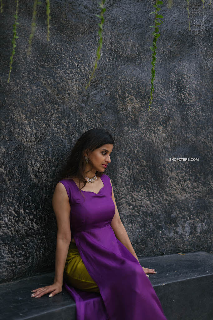 Purple & Green Jute Silk Top and Pant