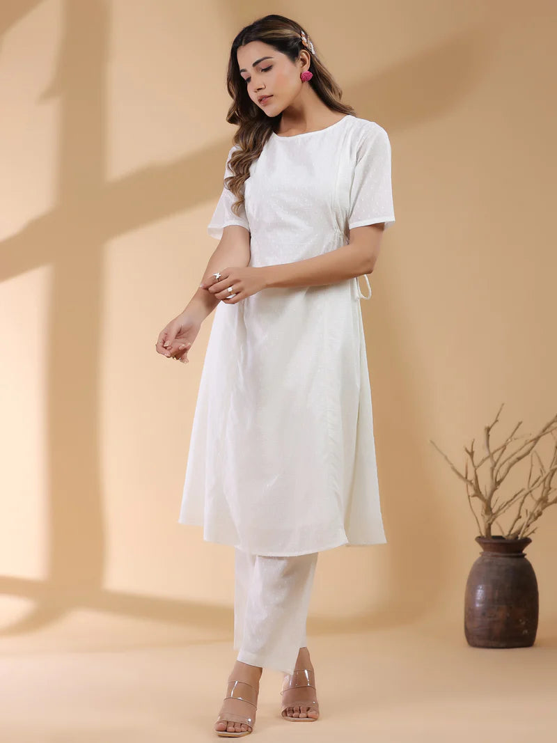 Dobby Pure Cotton Self Design A-line Kurta Pant Set