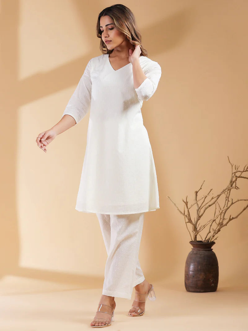 Dobby Pure Cotton Self Design A-line Kurta Pant Set