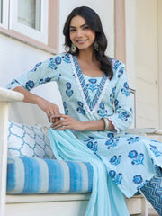 Blue Pure Cotton Floral Printed Straight Kurta Set
