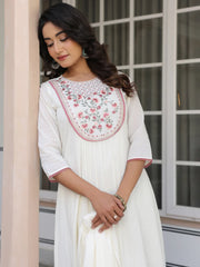 Off White Pure Cotton Yoke Embroidered A line Kurta Set