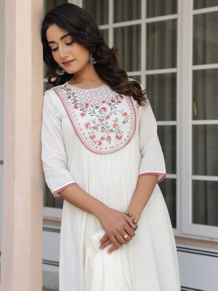 Off White Pure Cotton Yoke Embroidered A line Kurta Set