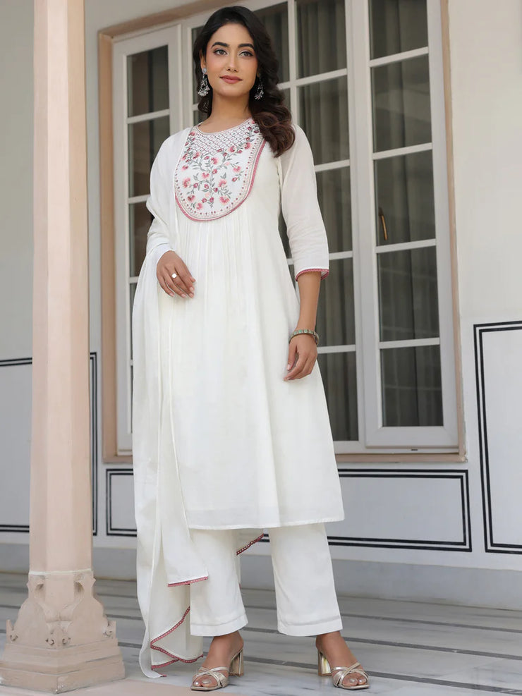Off White Pure Cotton Yoke Embroidered A line Kurta Set