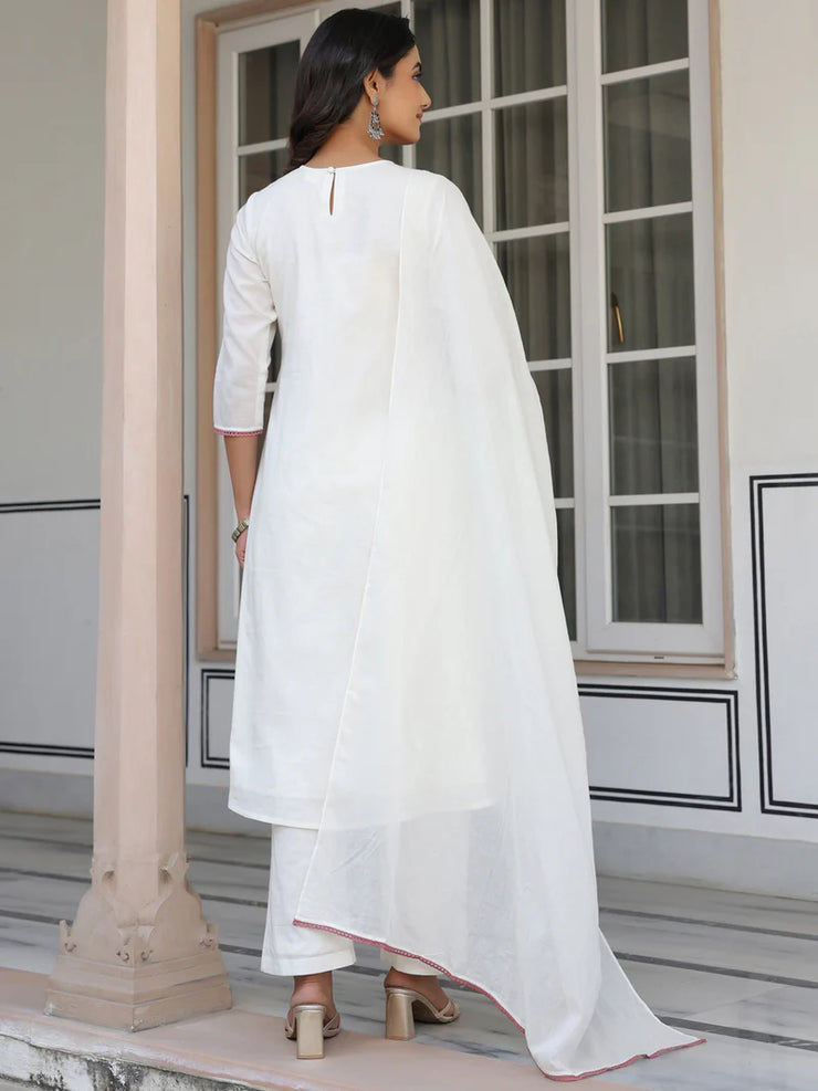 Off White Pure Cotton Yoke Embroidered A line Kurta Set