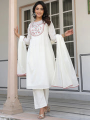 Off White Pure Cotton Yoke Embroidered A line Kurta Set