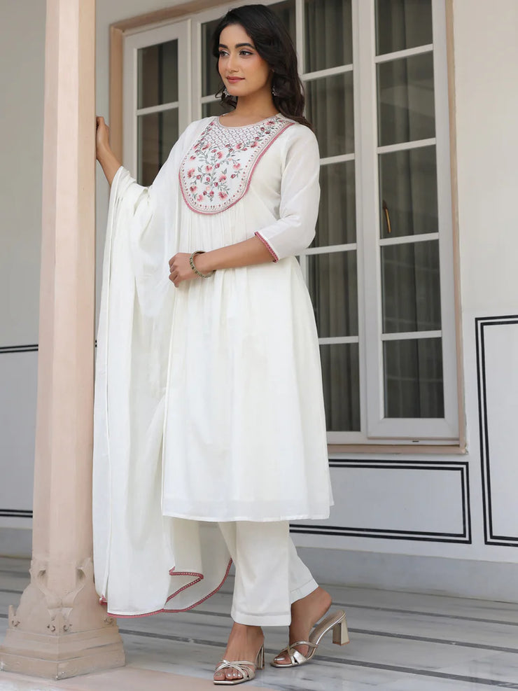 Off White Pure Cotton Yoke Embroidered A line Kurta Set