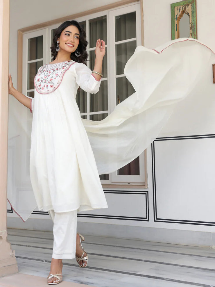 Off White Pure Cotton Yoke Embroidered A line Kurta Set