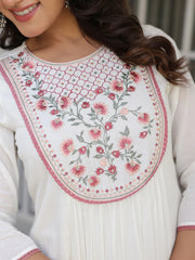 Off White Pure Cotton Yoke Embroidered A line Kurta Set