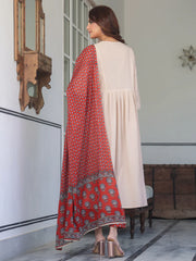 Beige Pure Cotton Floral Printed A-line Kurta Set