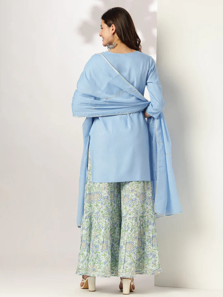 Light Blue Pure Cotton Solid Straight Kurta with Printed Sharara Set