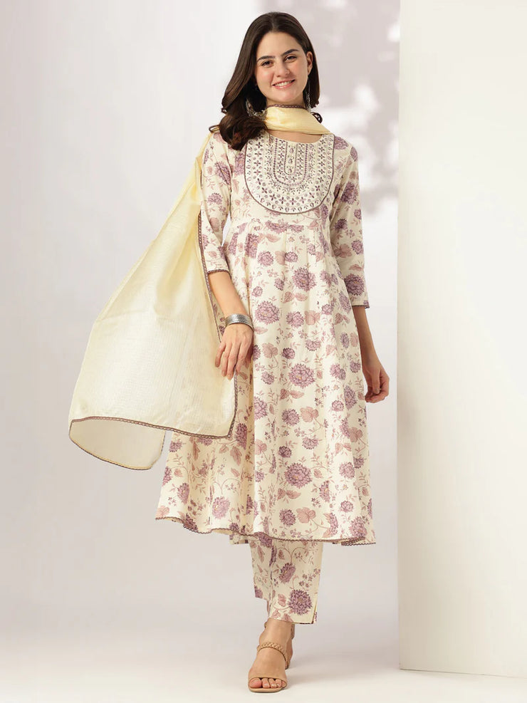 Off White Pure Cotton Floral Printed Yoke Embroidered Anarkali Kurta Set