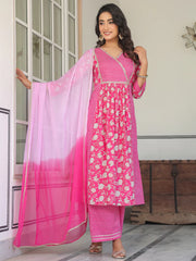 Pink Pure Cotton Floral Printed A-line Kurta Set