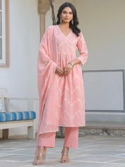 Women's Peach Pure Cotton Embroidered A-line Kurta Set