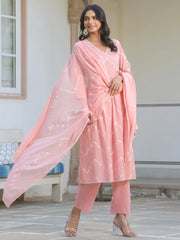 Women's Peach Pure Cotton Embroidered A-line Kurta Set