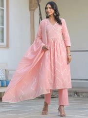 Women's Peach Pure Cotton Embroidered A-line Kurta Set