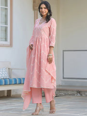 Women's Peach Pure Cotton Embroidered A-line Kurta Set
