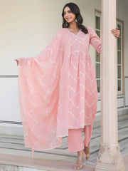 Women's Peach Pure Cotton Embroidered A-line Kurta Set