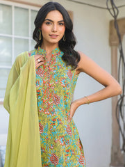 Janasya Women's Light Green Pure Cotton Floral Printed Straight Kurta Set