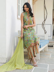 Janasya Women's Light Green Pure Cotton Floral Printed Straight Kurta Set