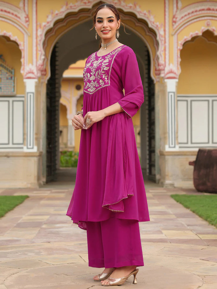 Teal Georgette Zari Yoke Embroidered Anarkali Kurta Set With Dupatta