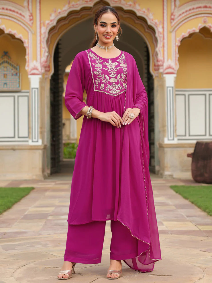 Teal Georgette Zari Yoke Embroidered Anarkali Kurta Set With Dupatta