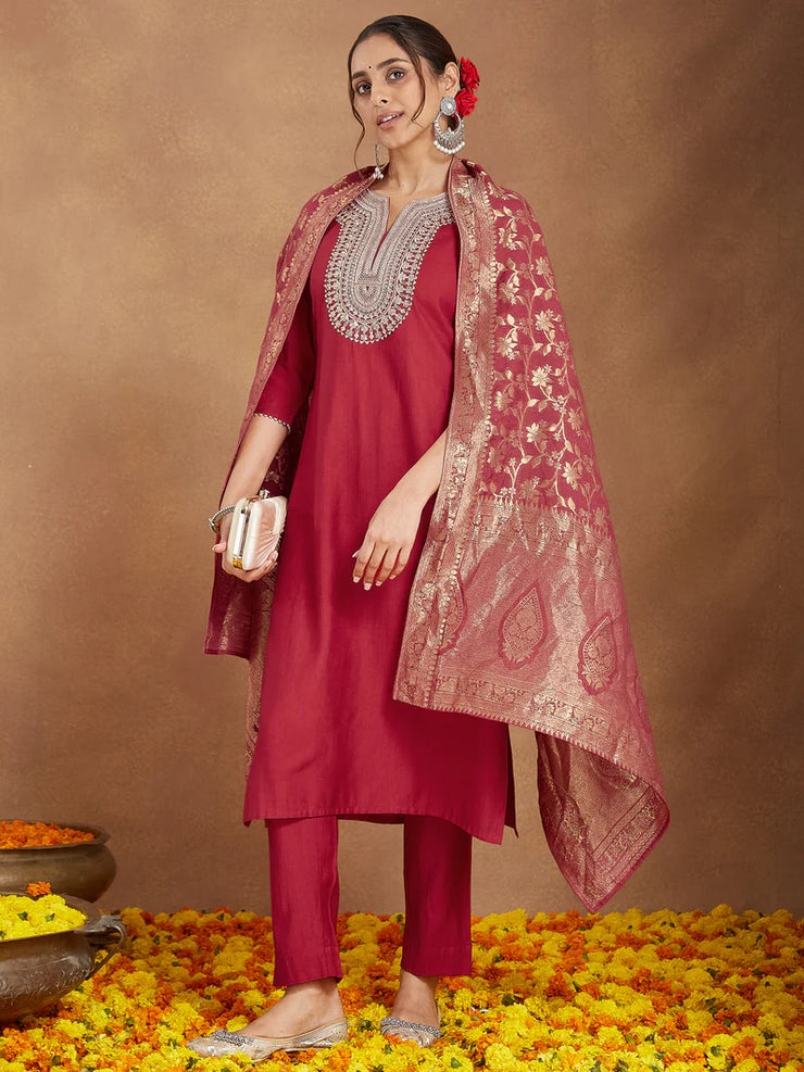 Maroon Silk Blend Zari Embroidered Straight Kurta Set