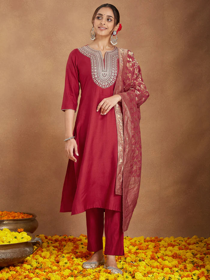 Maroon Silk Blend Zari Embroidered Straight Kurta Set