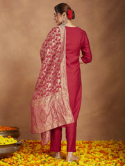Maroon Silk Blend Zari Embroidered Straight Kurta Set
