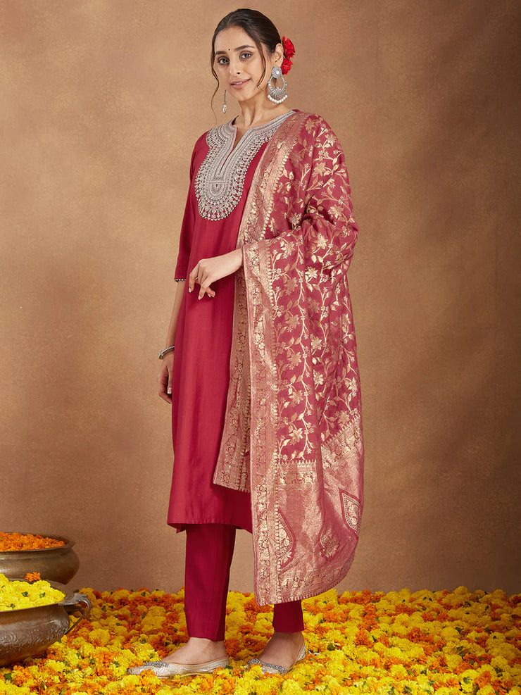Maroon Silk Blend Zari Embroidered Straight Kurta Set