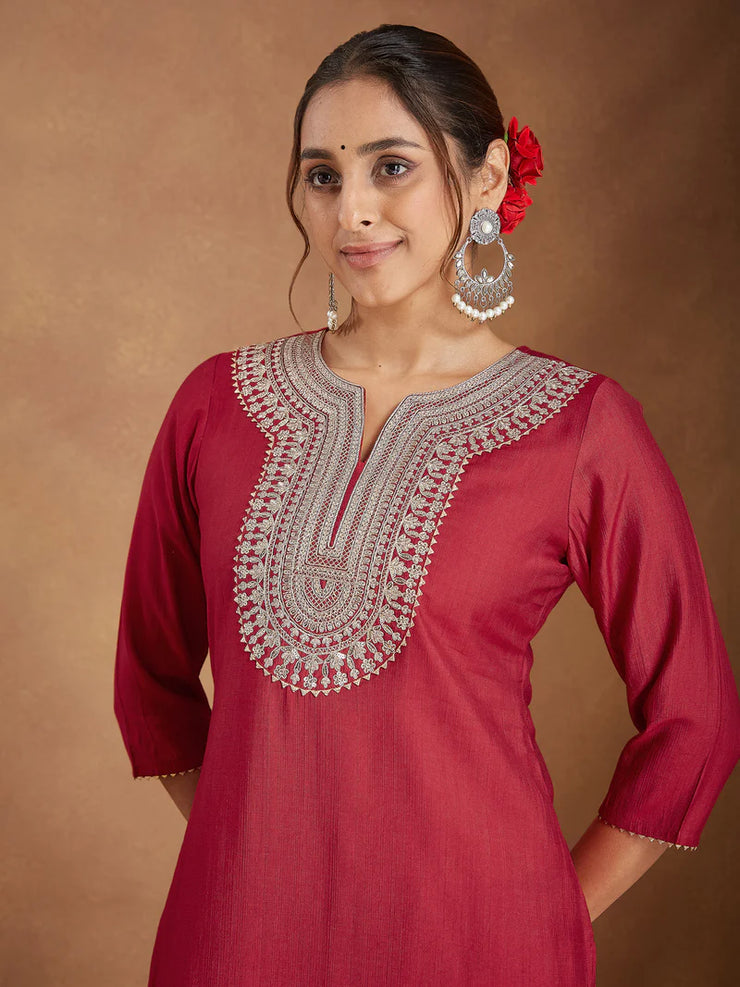 Maroon Silk Blend Zari Embroidered Straight Kurta Set