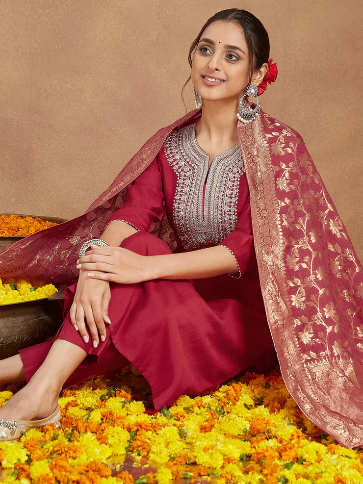 Maroon Silk Blend Zari Embroidered Straight Kurta Set
