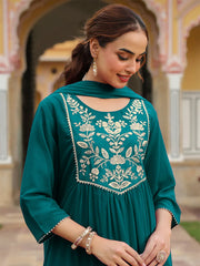 Teal Georgette Zari Yoke Embroidered Anarkali Kurta Set With Dupatta