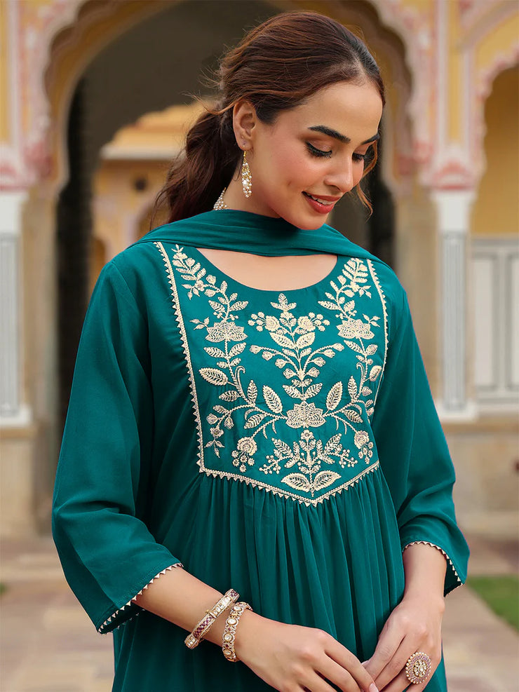 Teal Georgette Zari Yoke Embroidered Anarkali Kurta Set With Dupatta