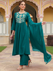 Teal Georgette Zari Yoke Embroidered Anarkali Kurta Set With Dupatta