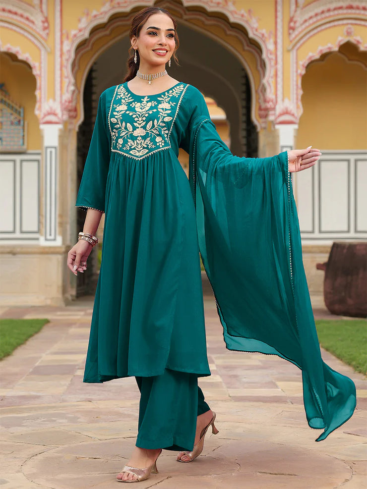 Teal Georgette Zari Yoke Embroidered Anarkali Kurta Set With Dupatta
