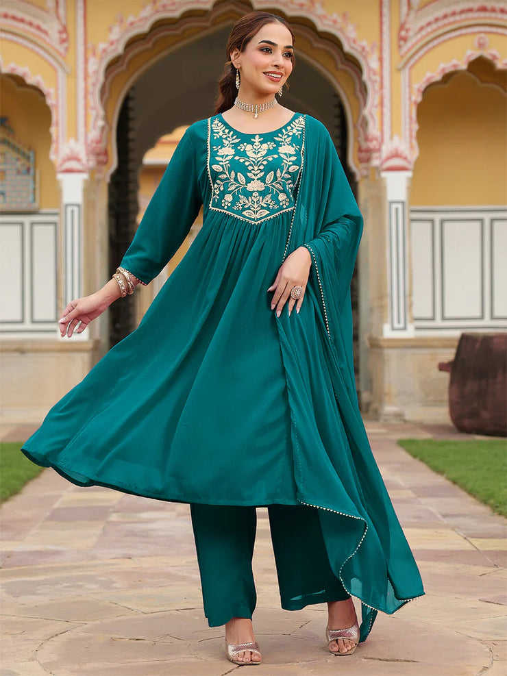 Teal Georgette Zari Yoke Embroidered Anarkali Kurta Set With Dupatta