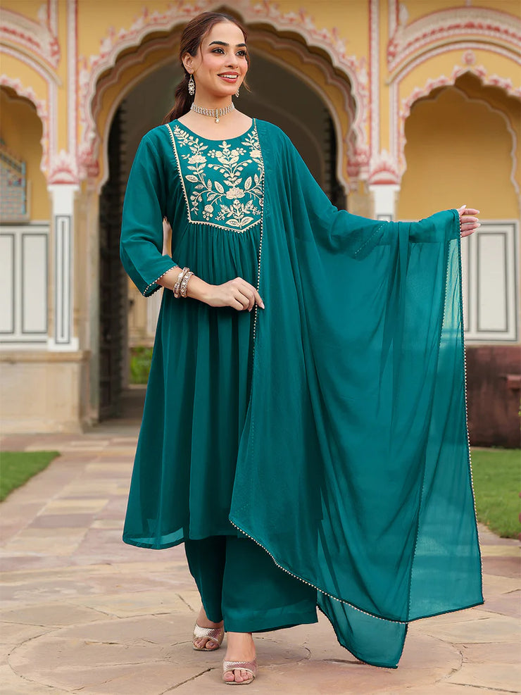 Teal Georgette Zari Yoke Embroidered Anarkali Kurta Set With Dupatta