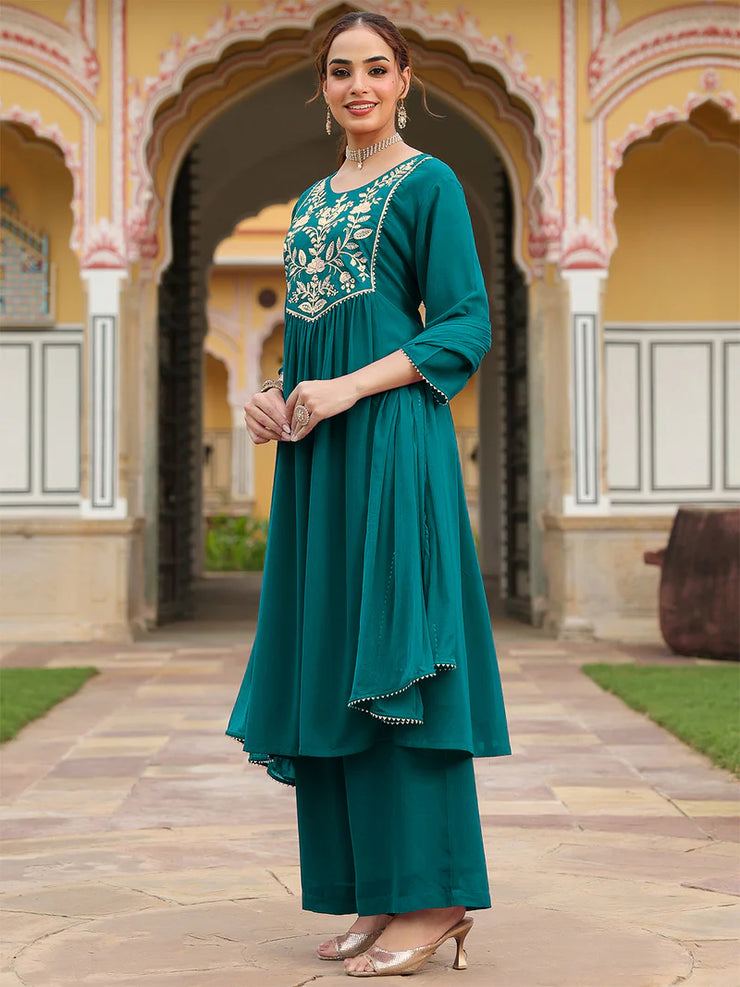Teal Georgette Zari Yoke Embroidered Anarkali Kurta Set With Dupatta