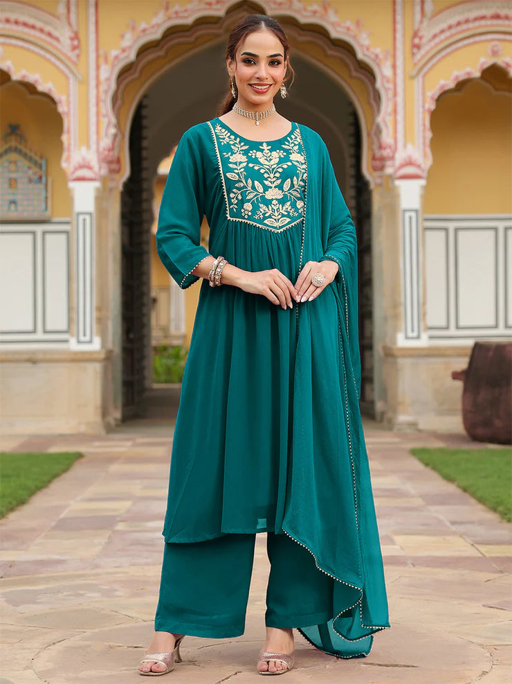 Teal Georgette Zari Yoke Embroidered Anarkali Kurta Set With Dupatta