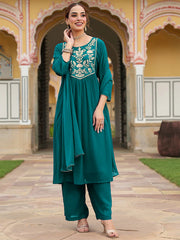 Teal Georgette Zari Yoke Embroidered Anarkali Kurta Set With Dupatta