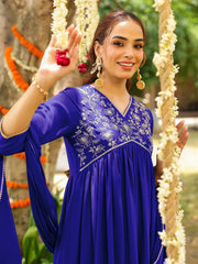 Teal Georgette Zari Yoke Embroidered Anarkali Kurta Set With Dupatta