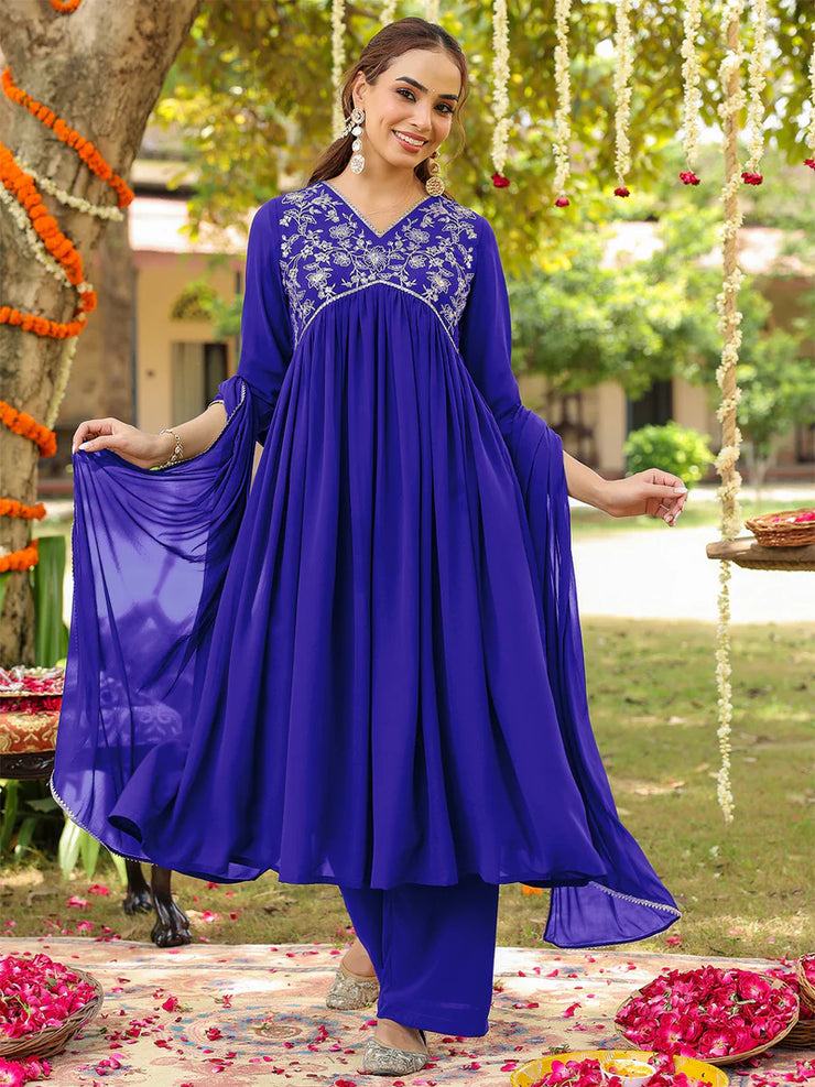 Teal Georgette Zari Yoke Embroidered Anarkali Kurta Set With Dupatta
