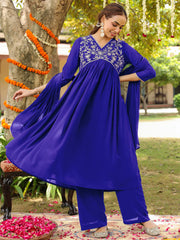 Teal Georgette Zari Yoke Embroidered Anarkali Kurta Set With Dupatta