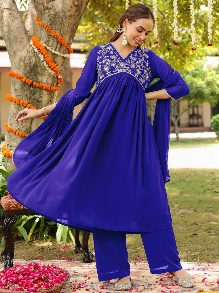 Teal Georgette Zari Yoke Embroidered Anarkali Kurta Set With Dupatta