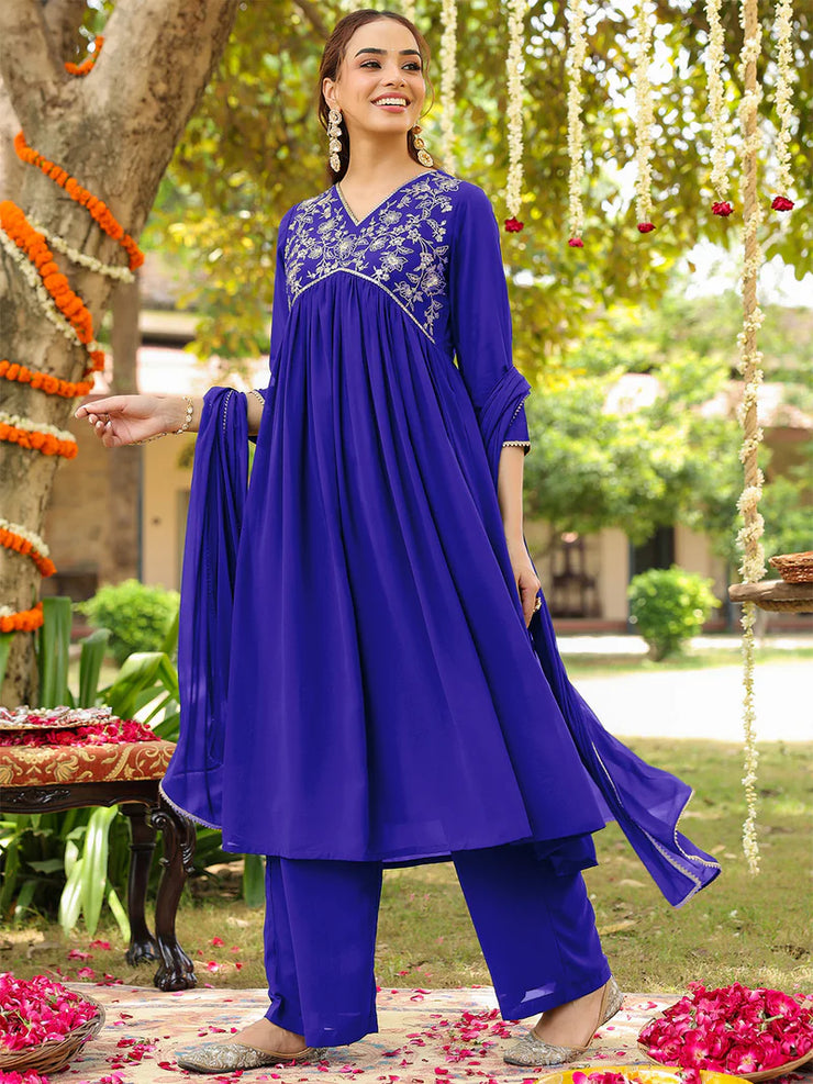 Teal Georgette Zari Yoke Embroidered Anarkali Kurta Set With Dupatta