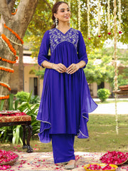 Teal Georgette Zari Yoke Embroidered Anarkali Kurta Set With Dupatta
